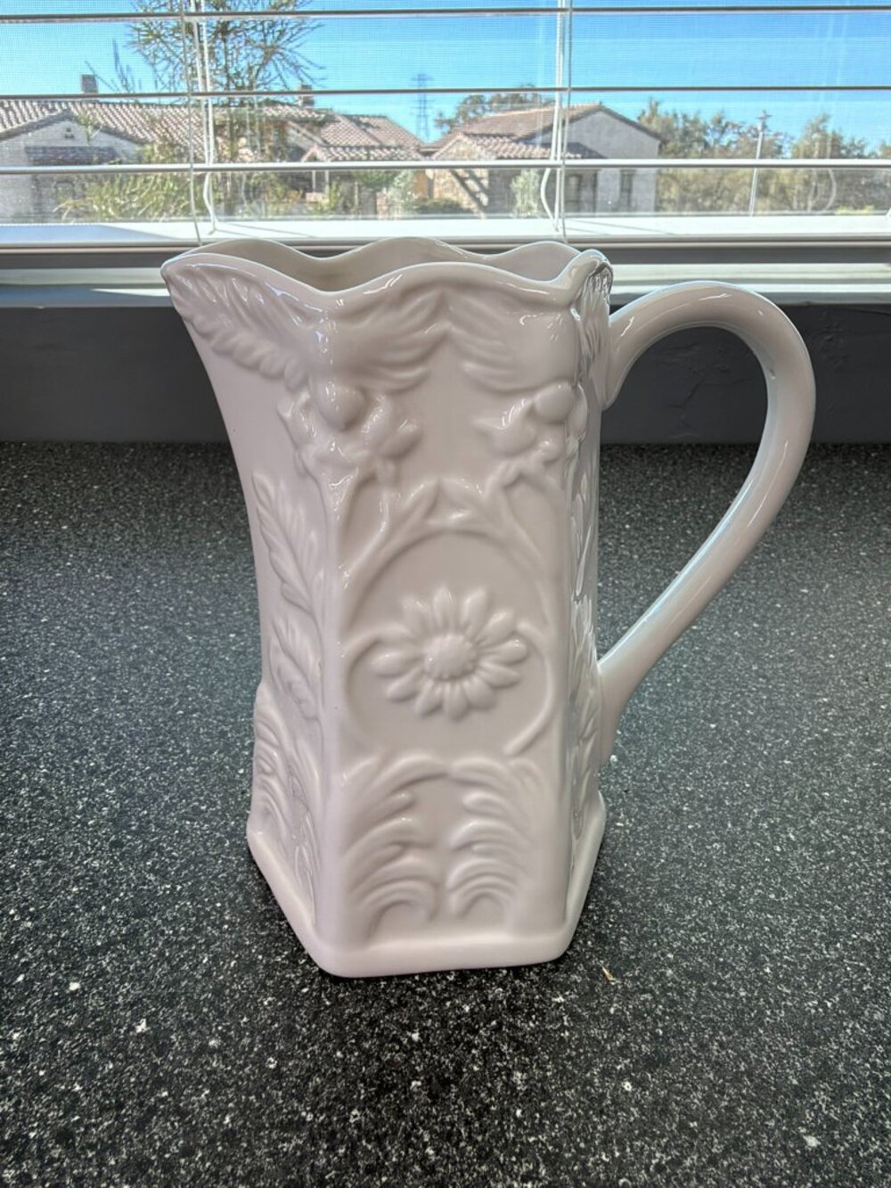 Peppertree Tabletops White Fine Porcelain Pitcher Embossed Floral Cottage Decor